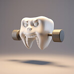 3d strong white tooth cartoon on copyspace background. Professional dental hygiene concept.