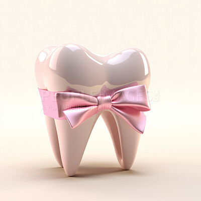 Buy stock photo 3d pink tooth cartoon on white copyspace background. Professional dental hygiene concept.