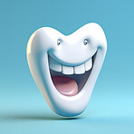 3d smiling tooth cartoon on blue copyspace background. Professional dental hygiene concept.