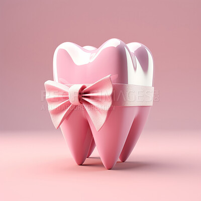 Buy stock photo 3d pink tooth cartoon on pink copyspace background. Professional dental hygiene concept.