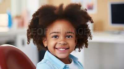 Child at the dentist office. Happy school aged child sitting on dentist chair. Healthcare concept