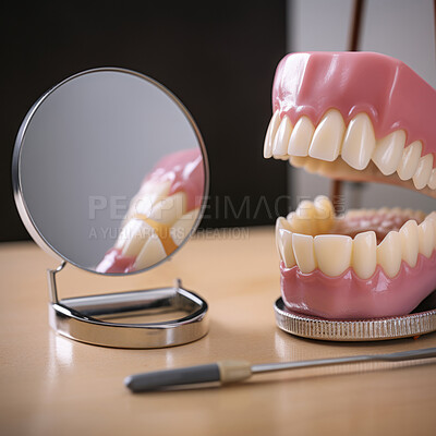 Fake model teeth with mirror. Dental education concept