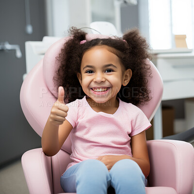 Child at the dentist office. Happy school aged child giving thumbsup in dentist chair. Healthcare concept