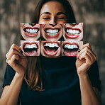 Woman holding laughing photo. Professional dental hygiene healthy teeth concept.