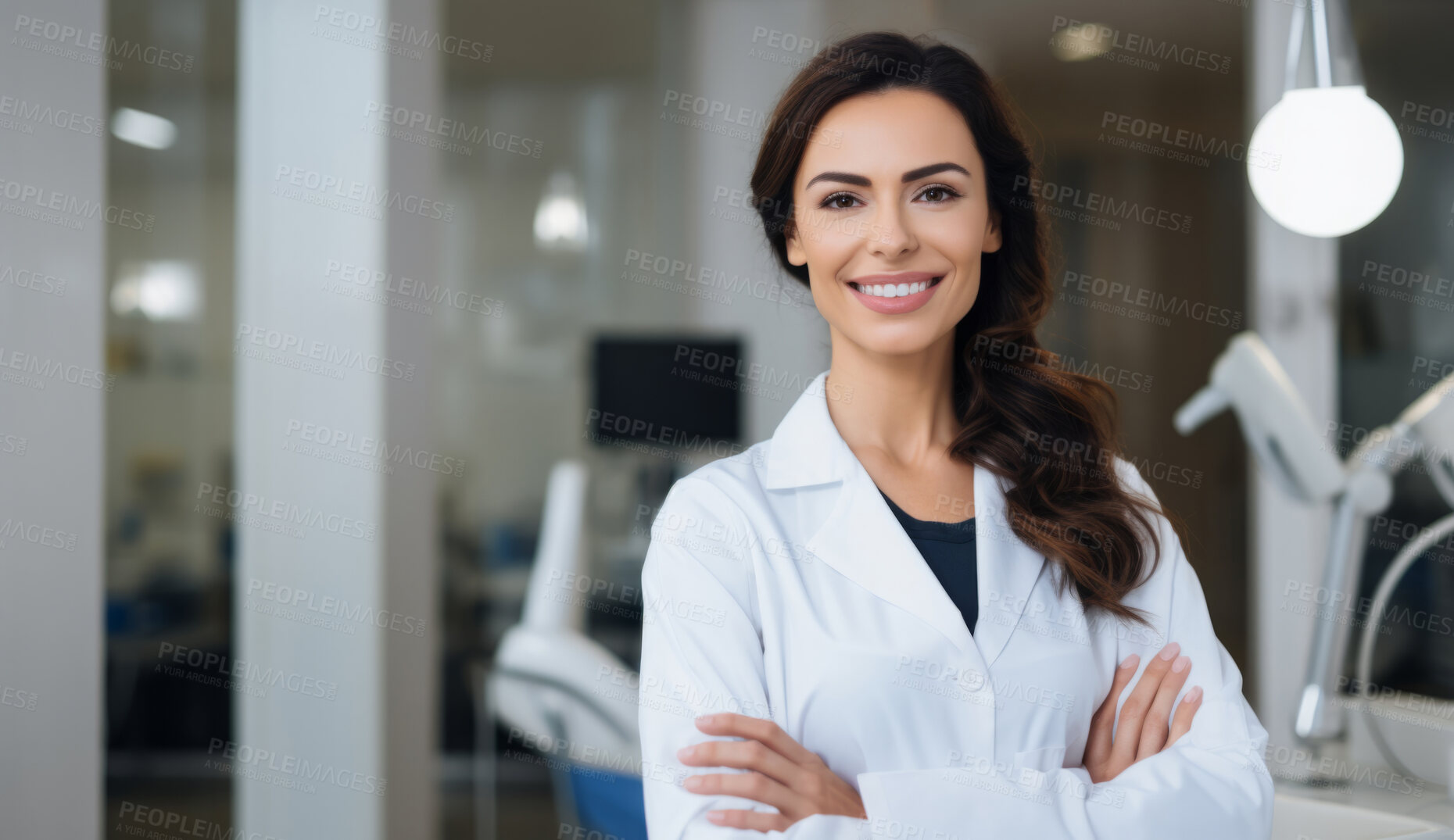 Buy stock photo Smiling dentist standing with arms folded in clinic. Professional dental hygienist, service and careSmiling dentist standing with arms folded in clinic. Professional dental hygienist, service and care
