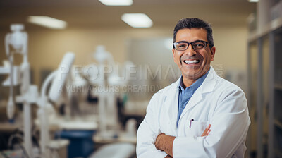 Smiling dentist standing with arms folded in clinic. Professional dental hygienist, service and care