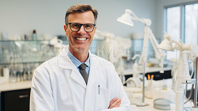 Smiling dentist standing with arms folded in clinic. Professional dental hygienist, service and care
