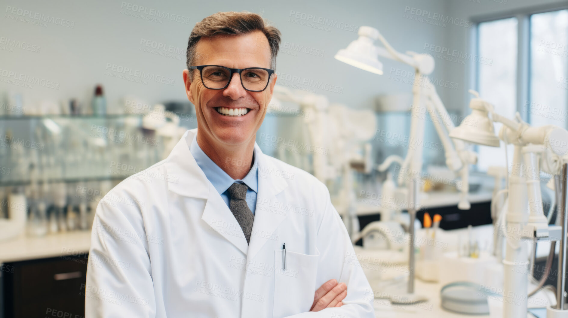 Buy stock photo Smiling dentist standing with arms folded in clinic. Professional dental hygienist, service and care