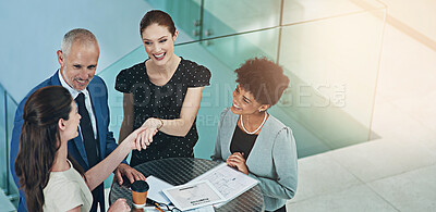 Buy stock photo Welcome, handshake or business people with documents in top view job interview, contract or onboarding success. Thank you, deal or b2b team shaking hands with financial advisor, hiring or outsourcing