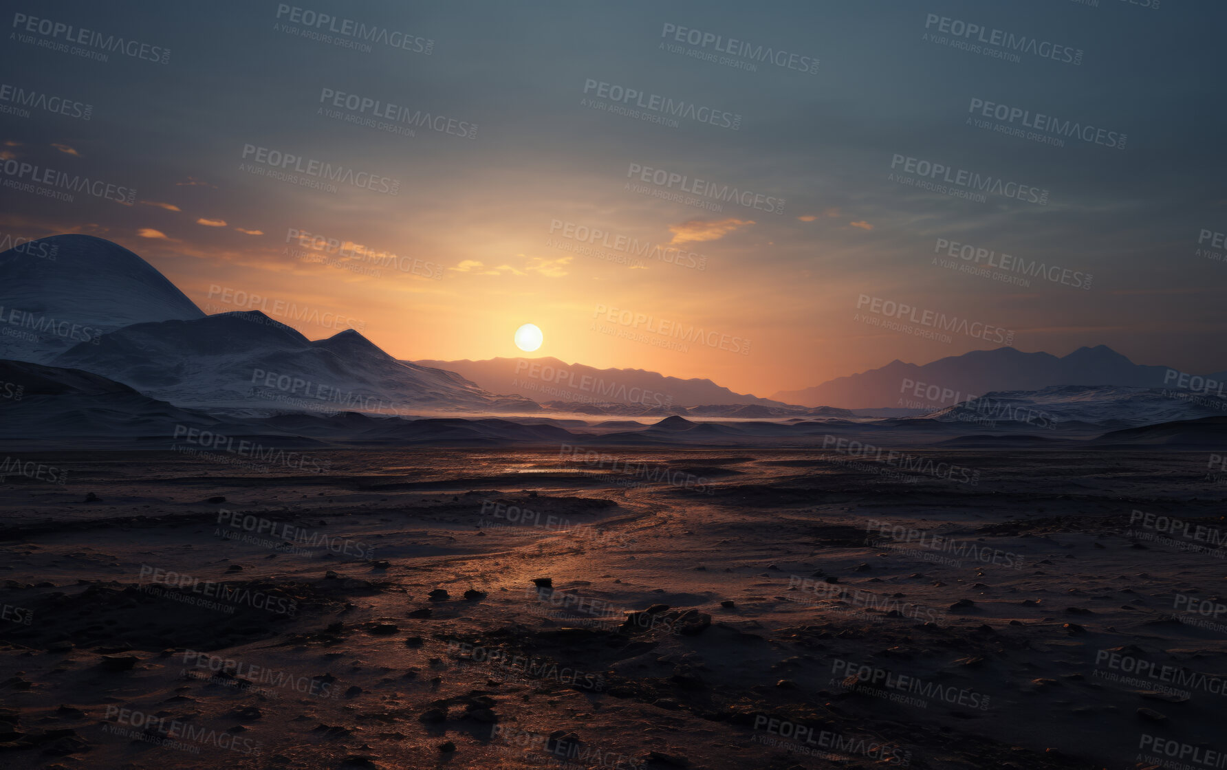 Buy stock photo Sun rising over remote desert landscape. Cloudy, orange sky.