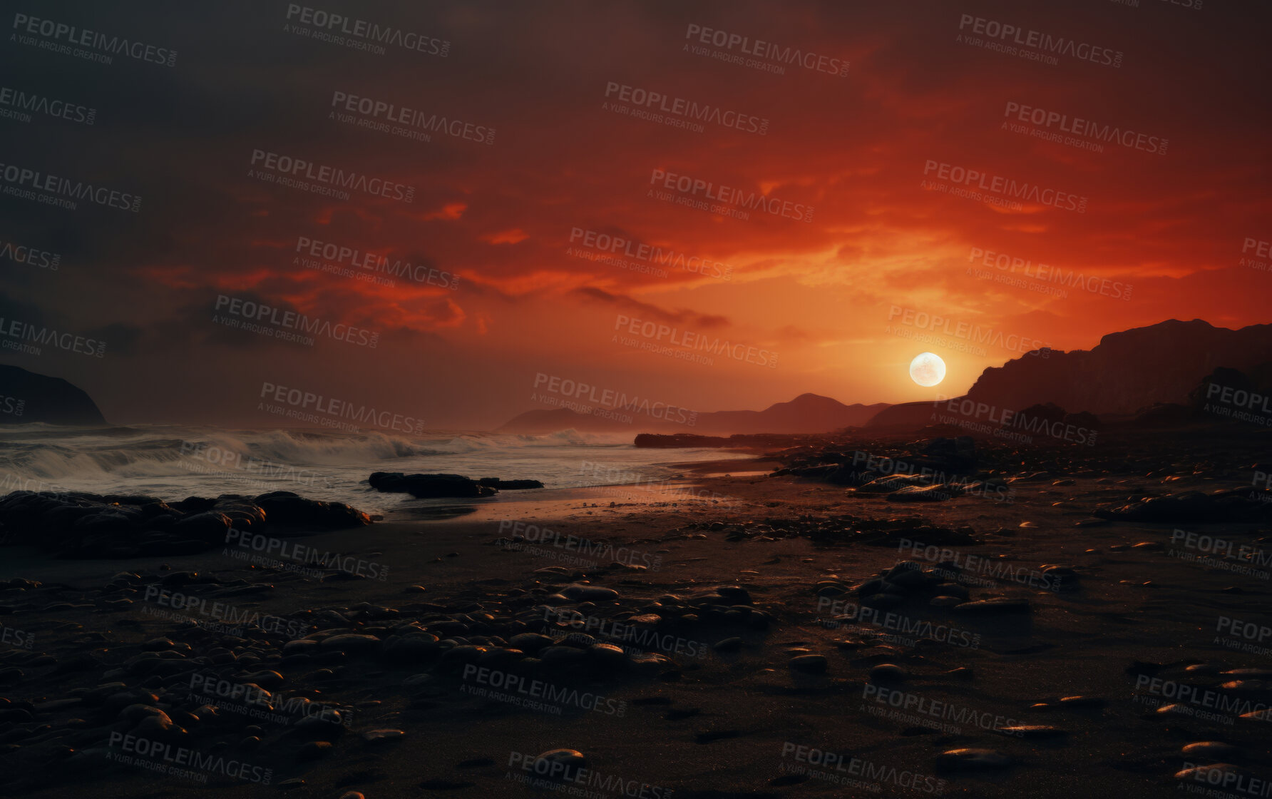 Buy stock photo Sun rising over remote beachfront. Cloudy, orange sky. Golden hour concept.