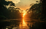 Low angle view of river in morning sun. Tree Silhouette. Golden hour concept.