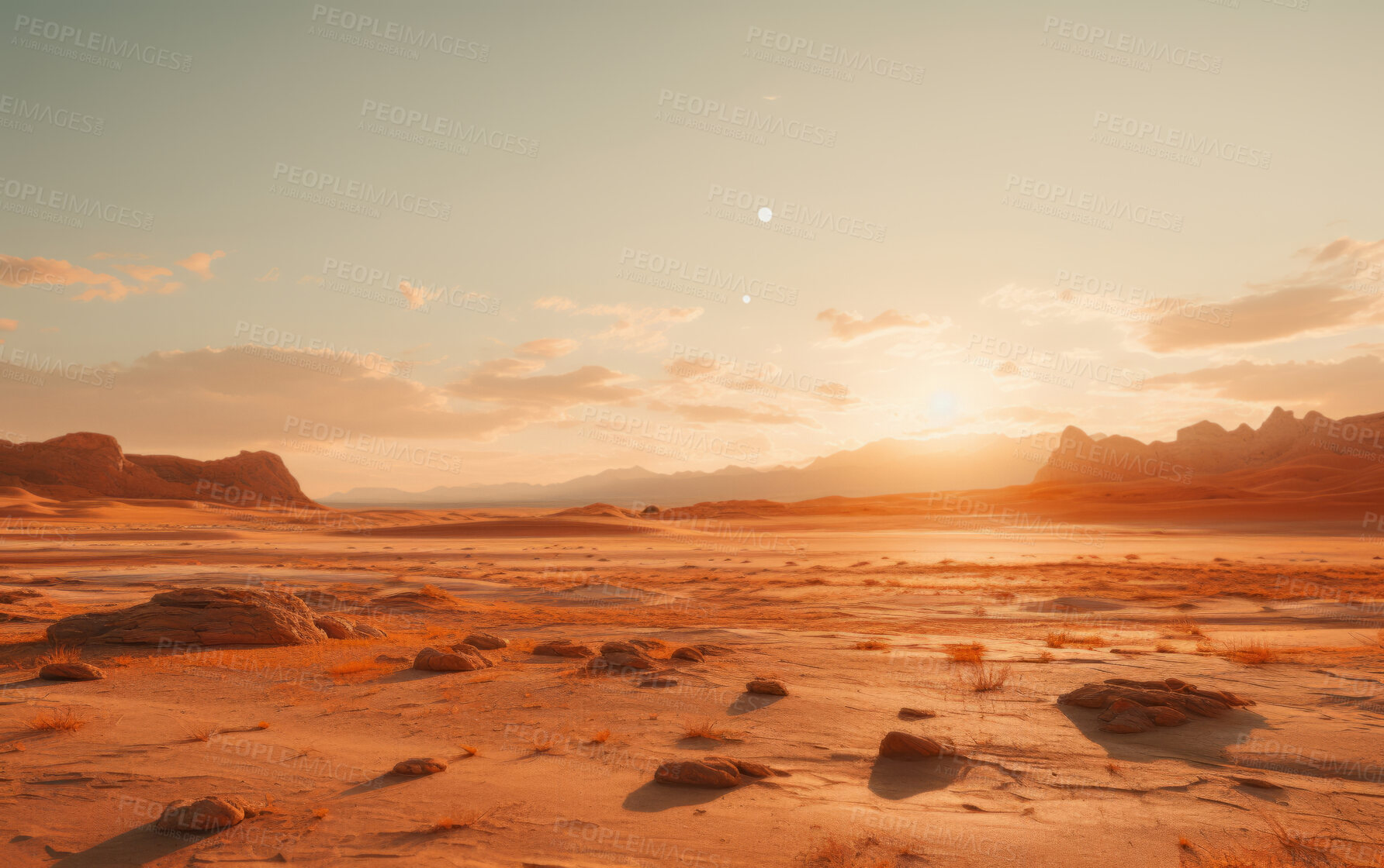 Buy stock photo Sun rising over remote desert landscape. Cloudy, orange sky. Golden hour concept.