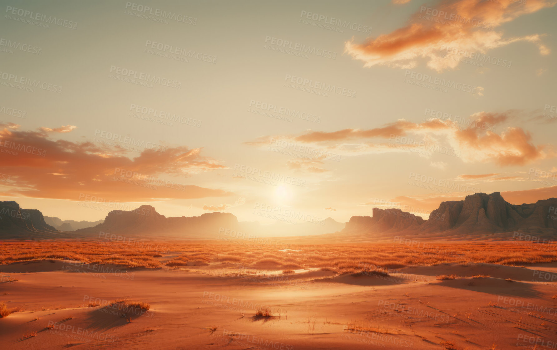 Buy stock photo Sun rising over remote desert landscape. Cloudy, orange sky. Golden hour concept.