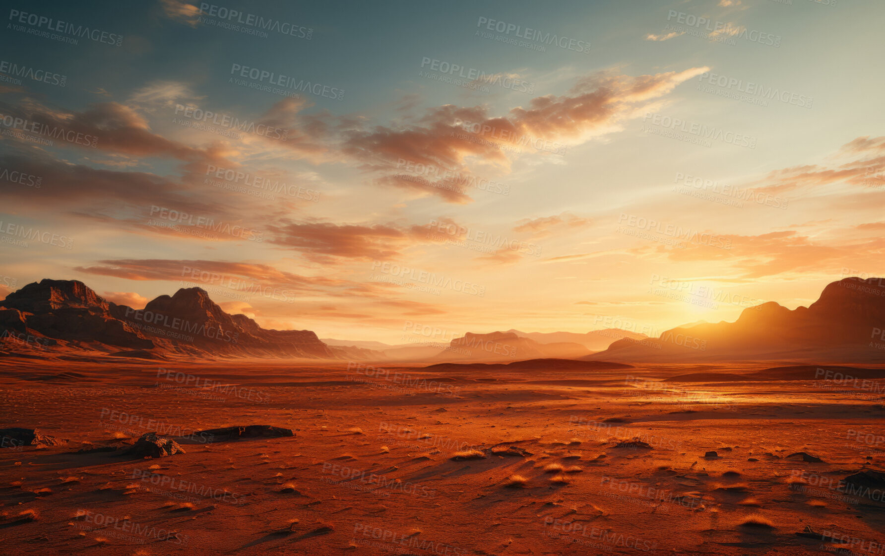 Buy stock photo Sun rising over remote desert landscape. Cloudy, orange sky. Golden hour concept.