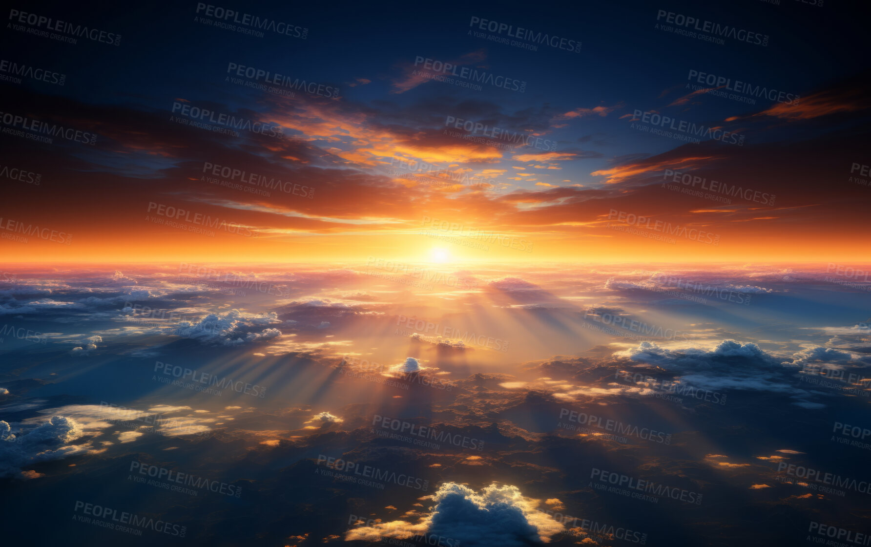 Buy stock photo Aerial shot of sun rise over earth. Golden hour concept.