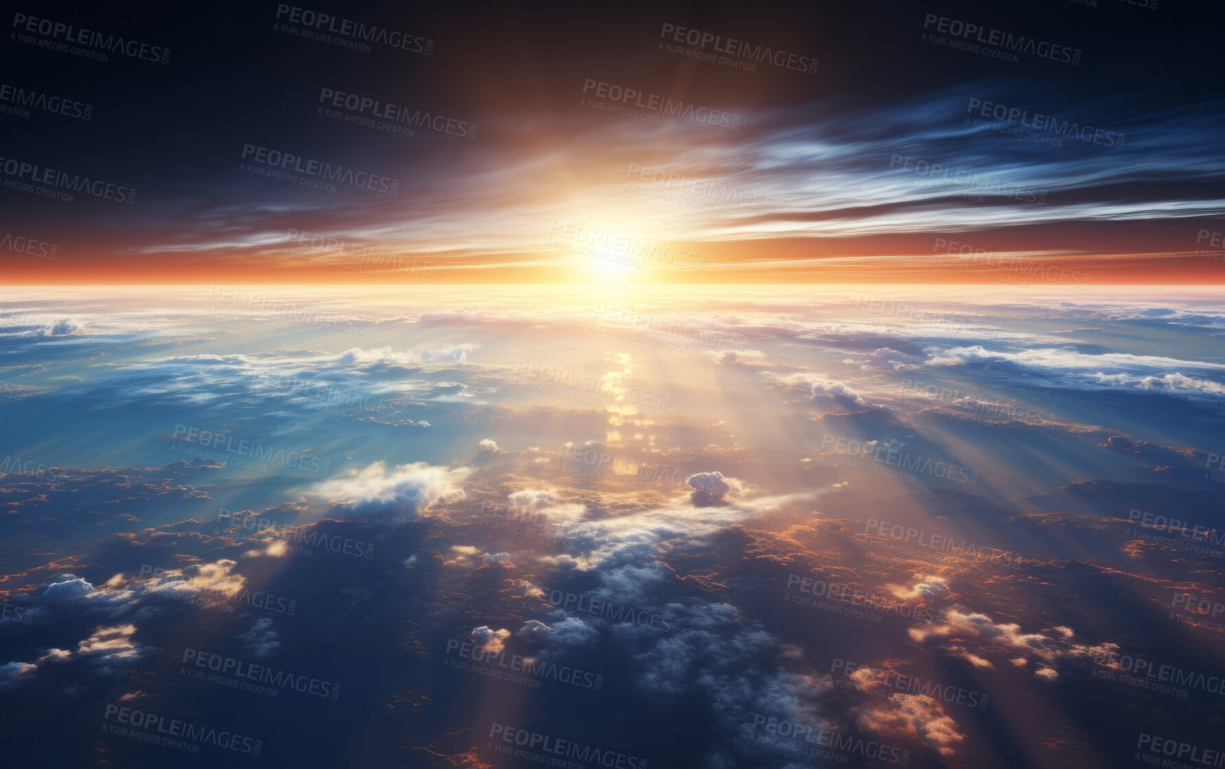 Buy stock photo Aerial shot of sun rise over earth. Golden hour concept.