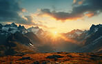 Sunrise on beautiful mountain peaks. Golden Hour. Landscape, travel hiking concept.