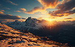 Sunrise on beautiful mountain peaks. Golden Hour. Landscape, travel hiking concept.