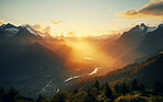 Sunrise on beautiful mountain peaks. Golden Hour. Landscape, travel hiking concept.