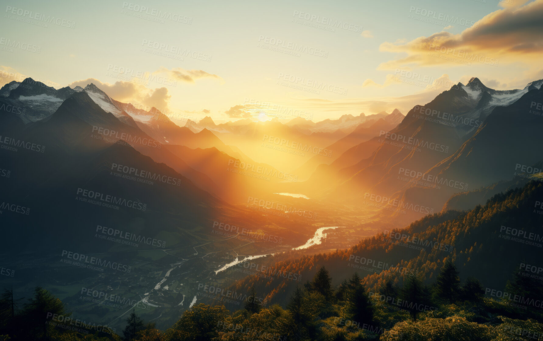 Buy stock photo Sunrise on beautiful mountain peaks. Golden Hour. Landscape, travel hiking concept.