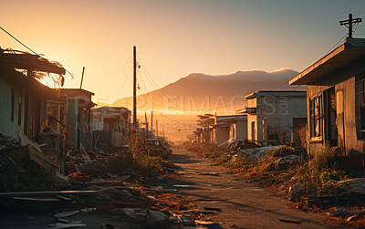 Sunrise over poor town street. Low angle. Golden hour concept.