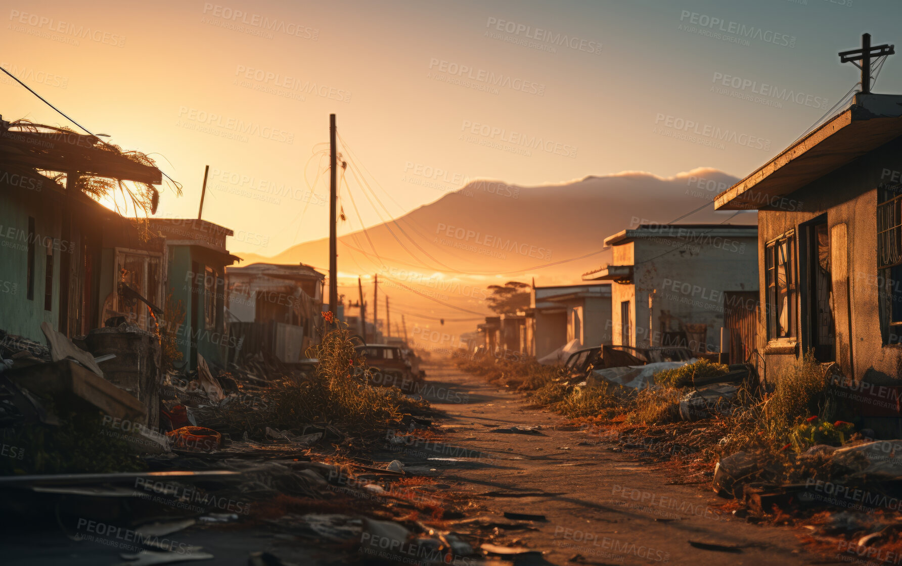 Buy stock photo Sunrise over poor town street. Low angle. Golden hour concept.