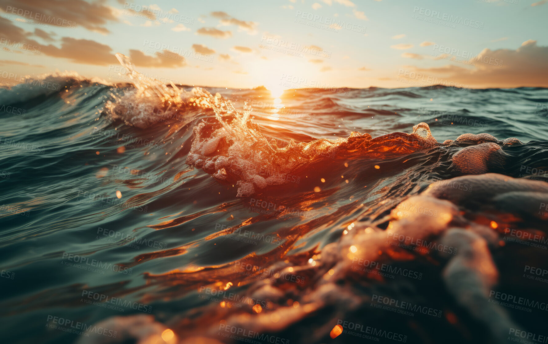 Buy stock photo Close up of waves in morning sun. Sunrise, golden hour concept.