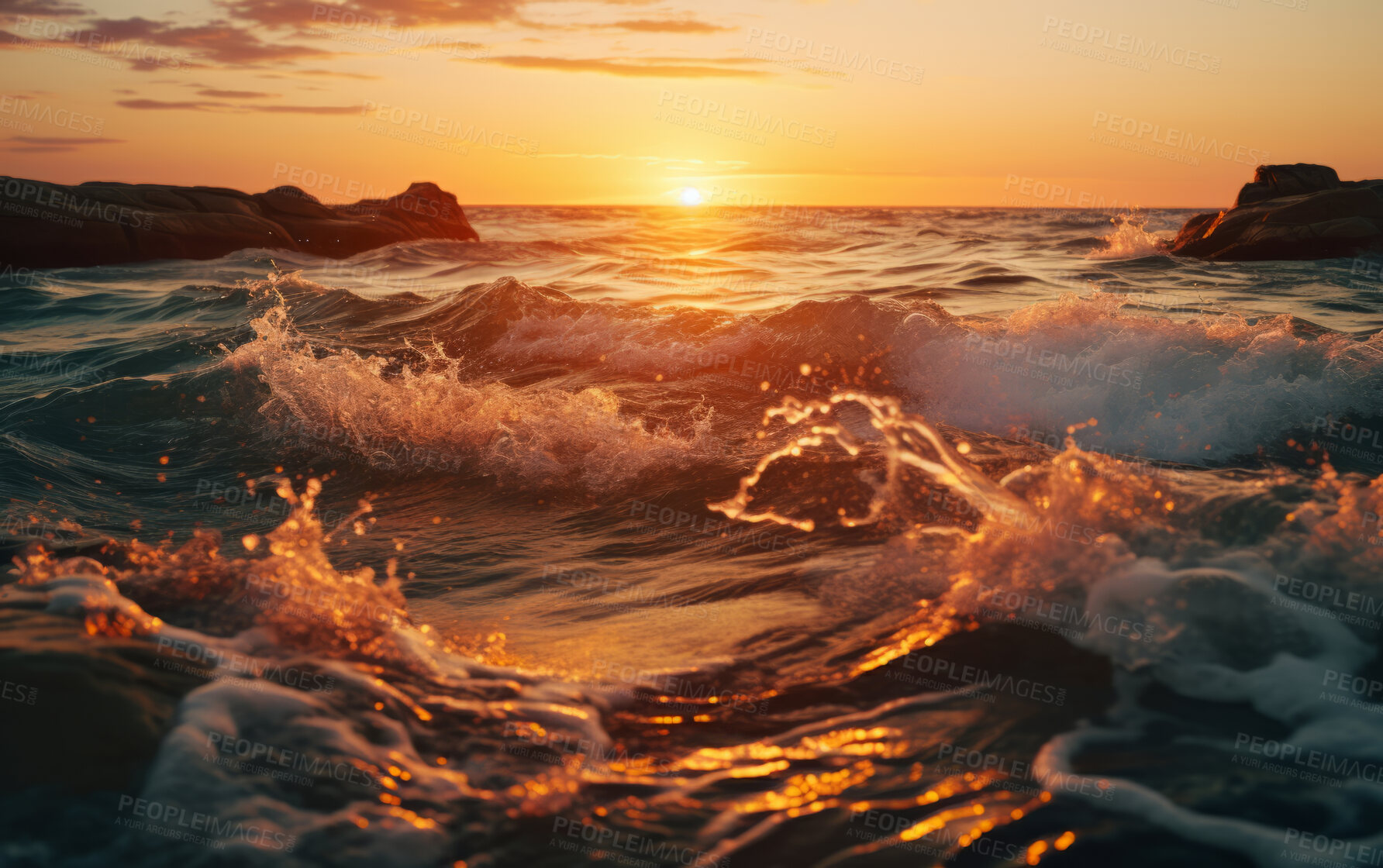 Buy stock photo Close up of waves in morning sun. Sunrise, golden hour concept.