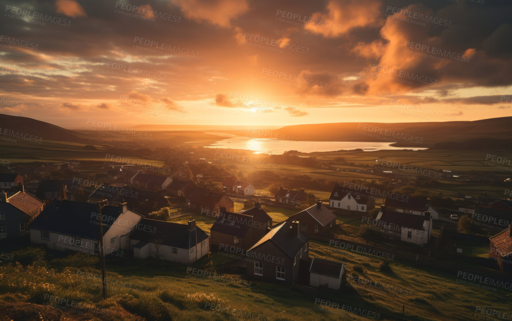 Buy stock photo Sunrising on small European town on hillside, covered in mist. Golden hour concept