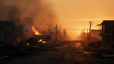 Sunrising on burning town. Flames, smoke destruction.