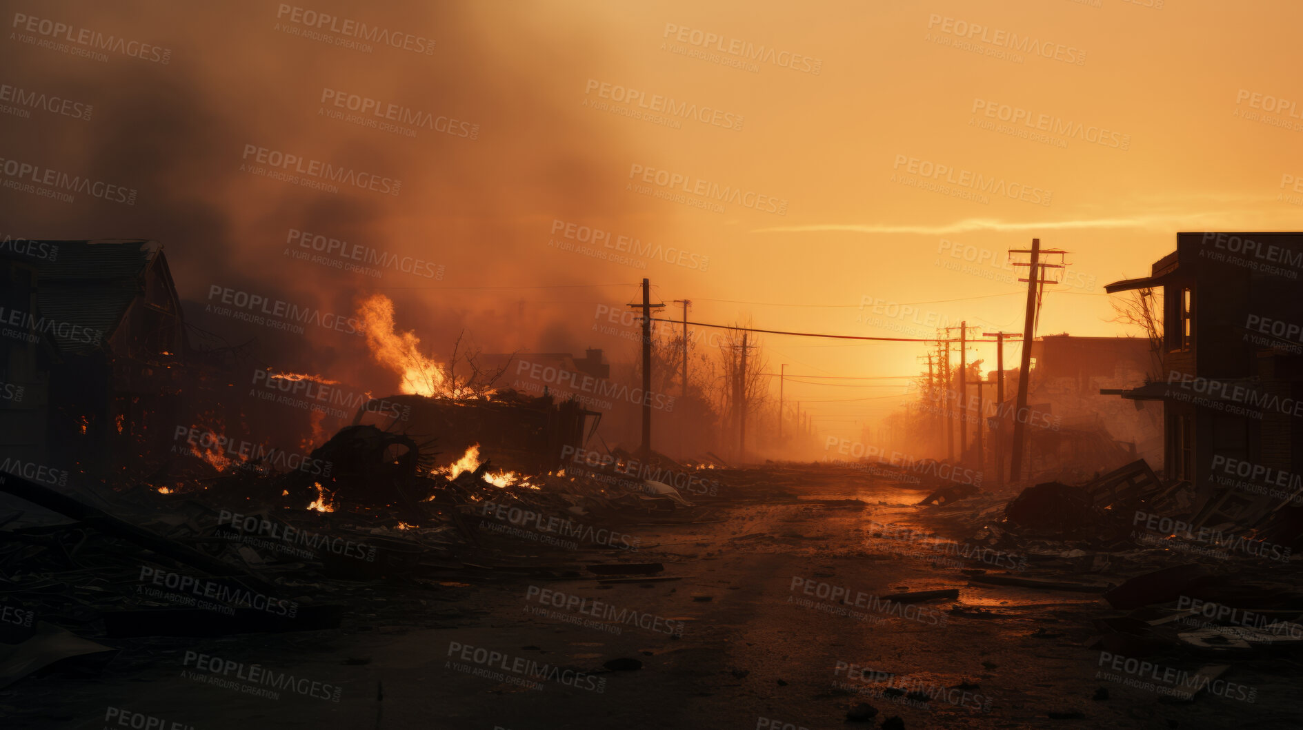 Buy stock photo Sunrising on burning town. Flames, smoke destruction.