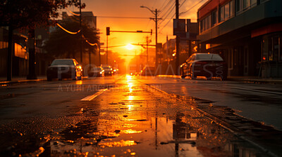 Sunrise in southern urban street. Low angle. Golden hour concept.