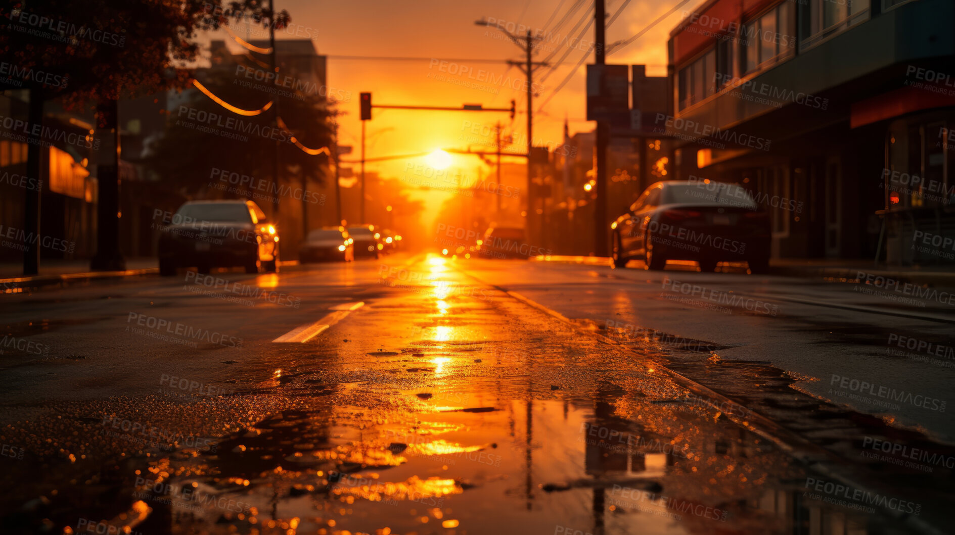 Buy stock photo Sunrise in southern urban street. Low angle. Golden hour concept.