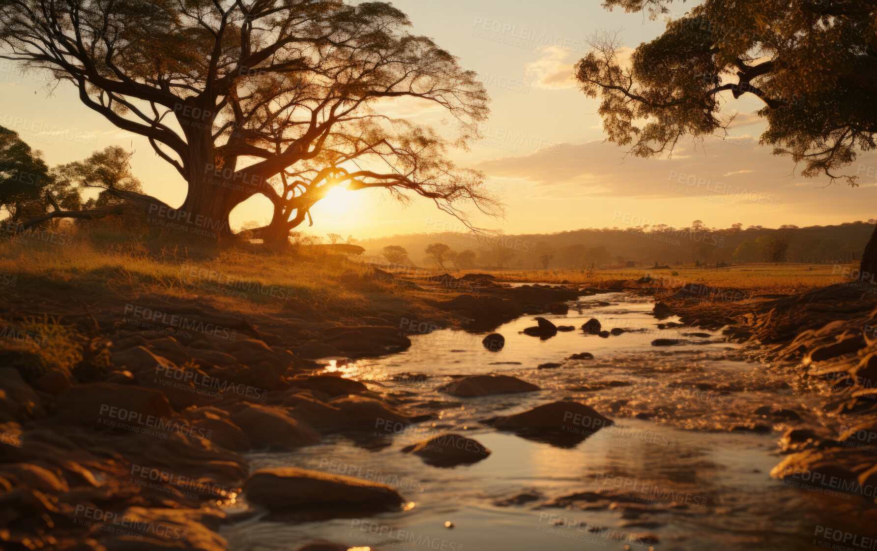 Buy stock photo Low angle view of river in morning sun. Tree Silhouette. Golden hour concept.