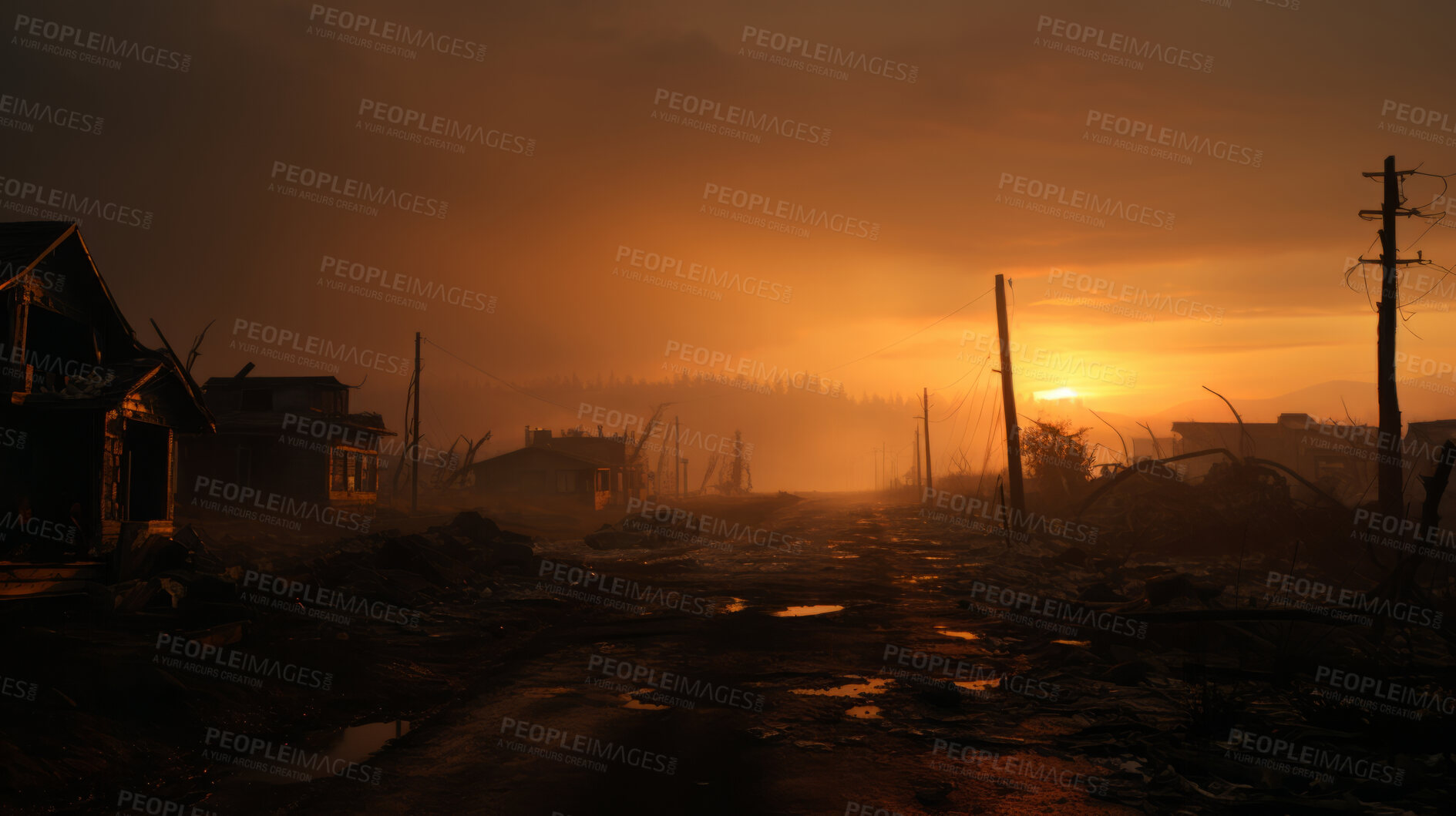 Buy stock photo Sunrise on misty morning. Town destroyed by fire.