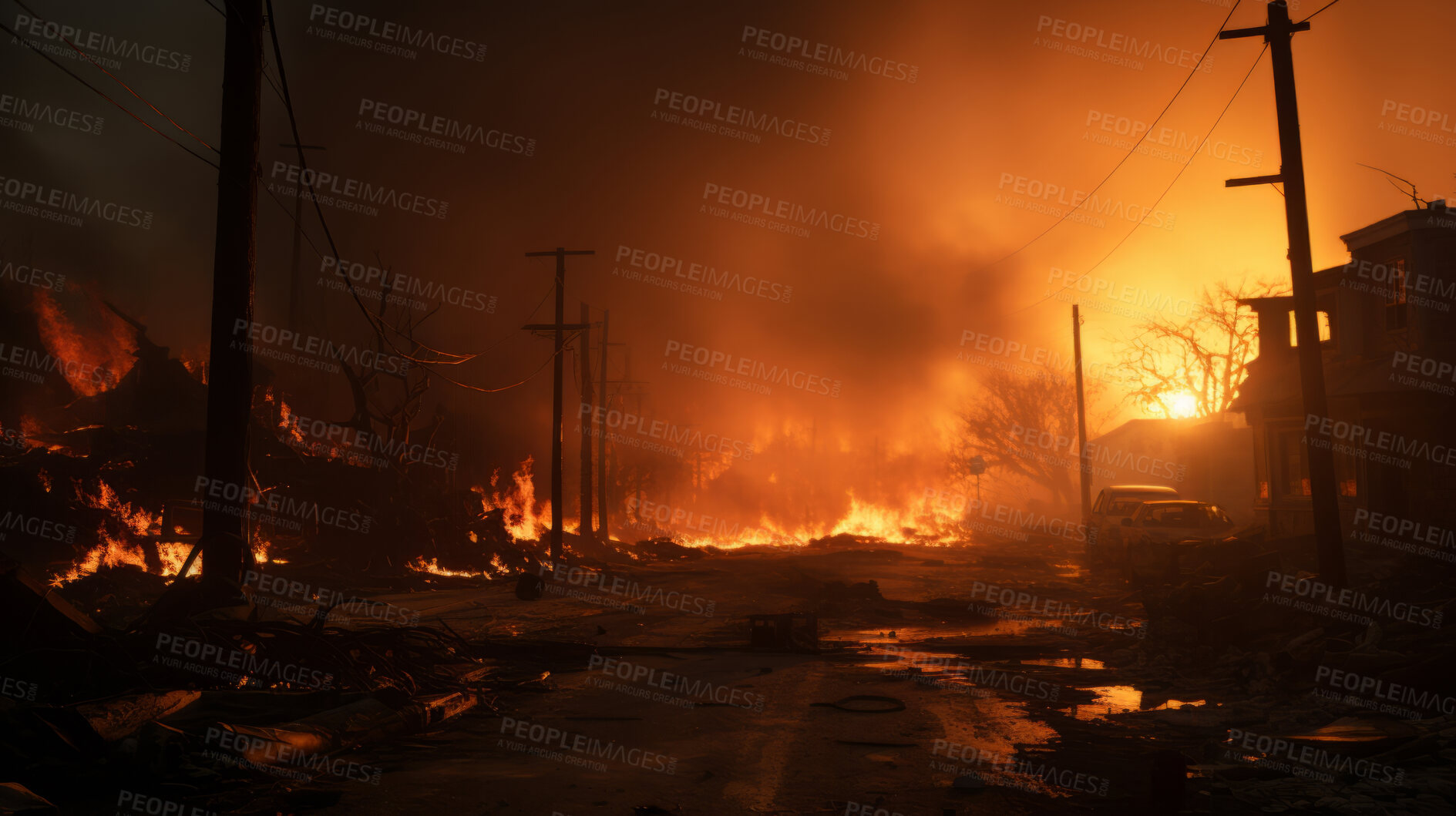 Buy stock photo Sunrising on burning town. Flames, smoke destruction.