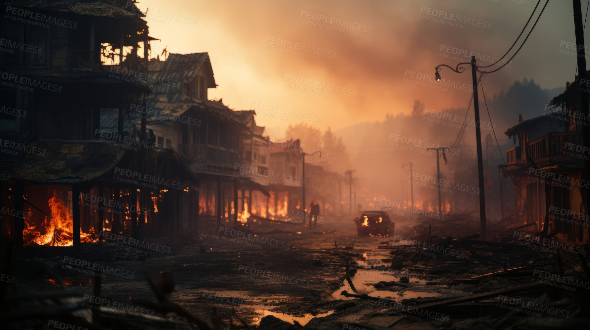 Buy stock photo Sunrising on burning town. Flames, smoke destruction.