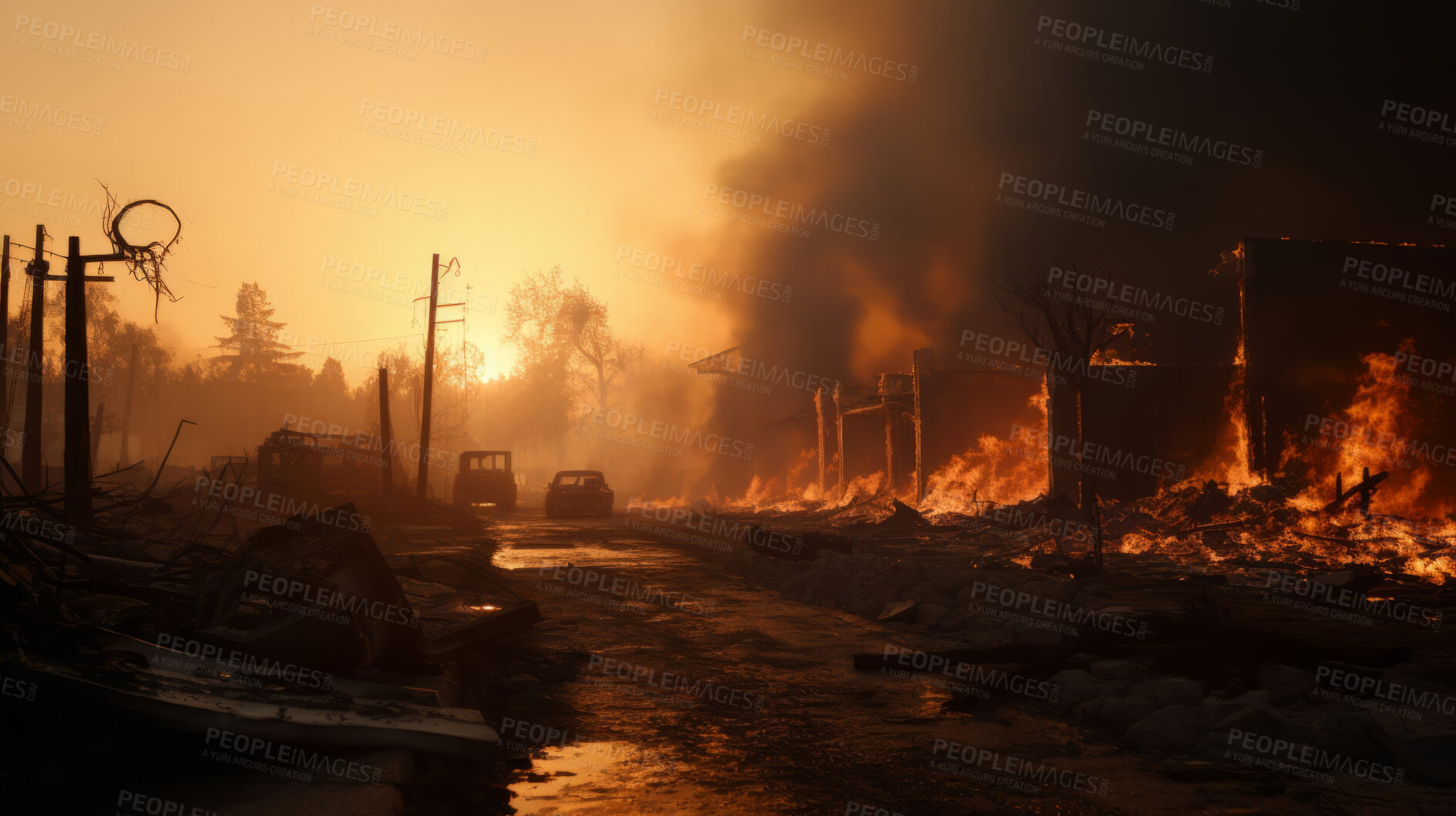 Buy stock photo Sunrising on burning town. Flames, smoke destruction.
