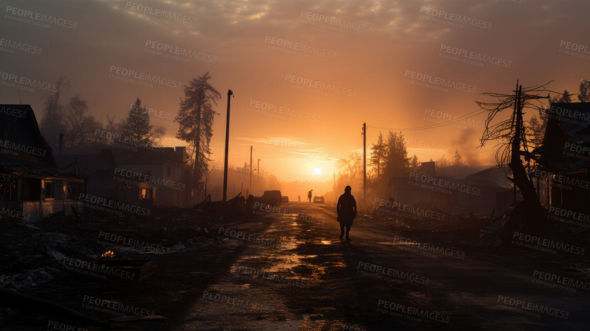 Buy stock photo Sunrising on burning town. Flames, smoke destruction.