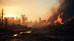 Sunrising on burning town. Flames, smoke destruction.