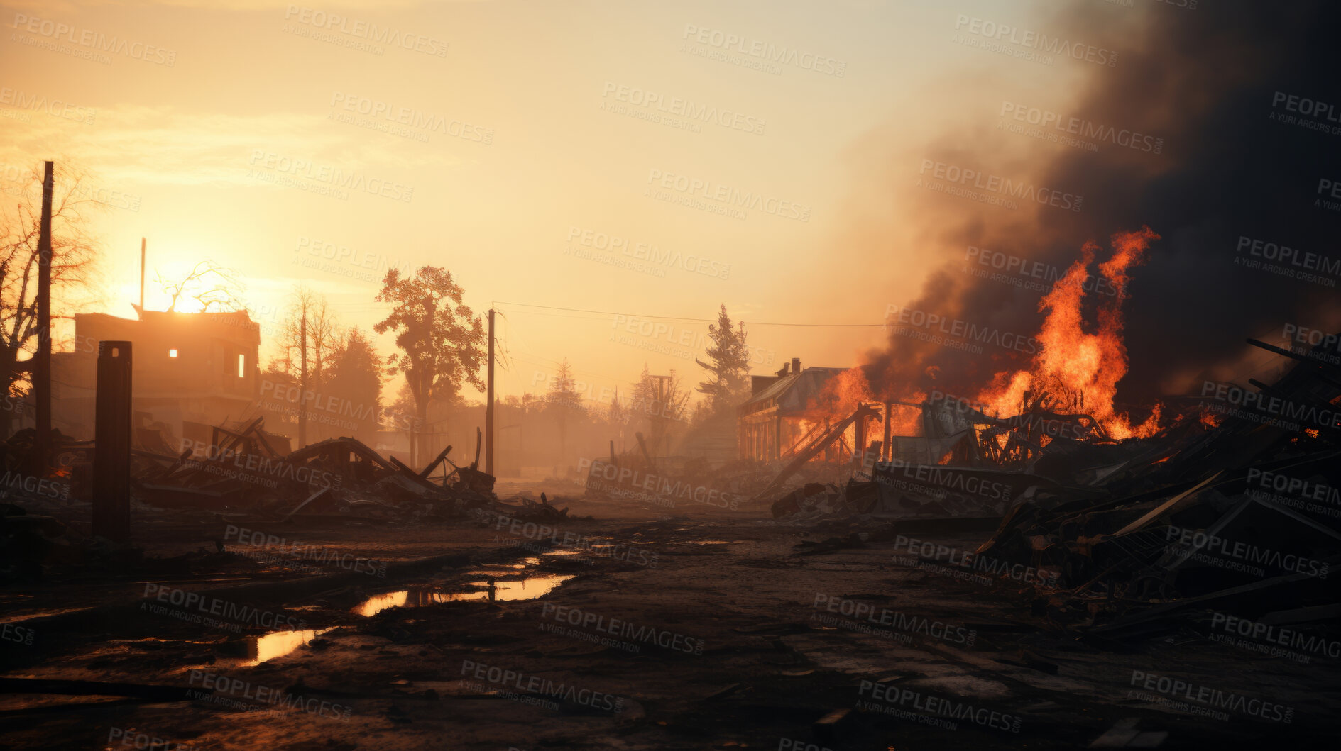 Buy stock photo Sunrising on burning town. Flames, smoke destruction.