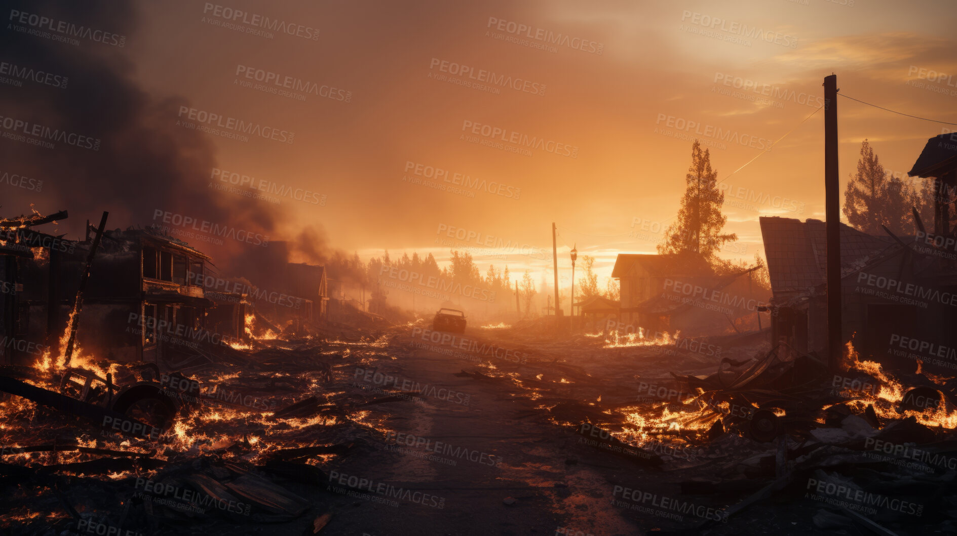 Buy stock photo Sunrising on burning town. Flames, smoke destruction.