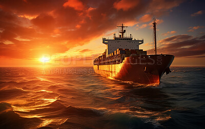 Point of view of cargo ship sailing into sunset. Orange skies, clouds.Golden hour concept.