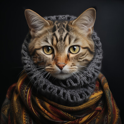 Cat wearing scarf on dark background. Creative marketing campaign concept
