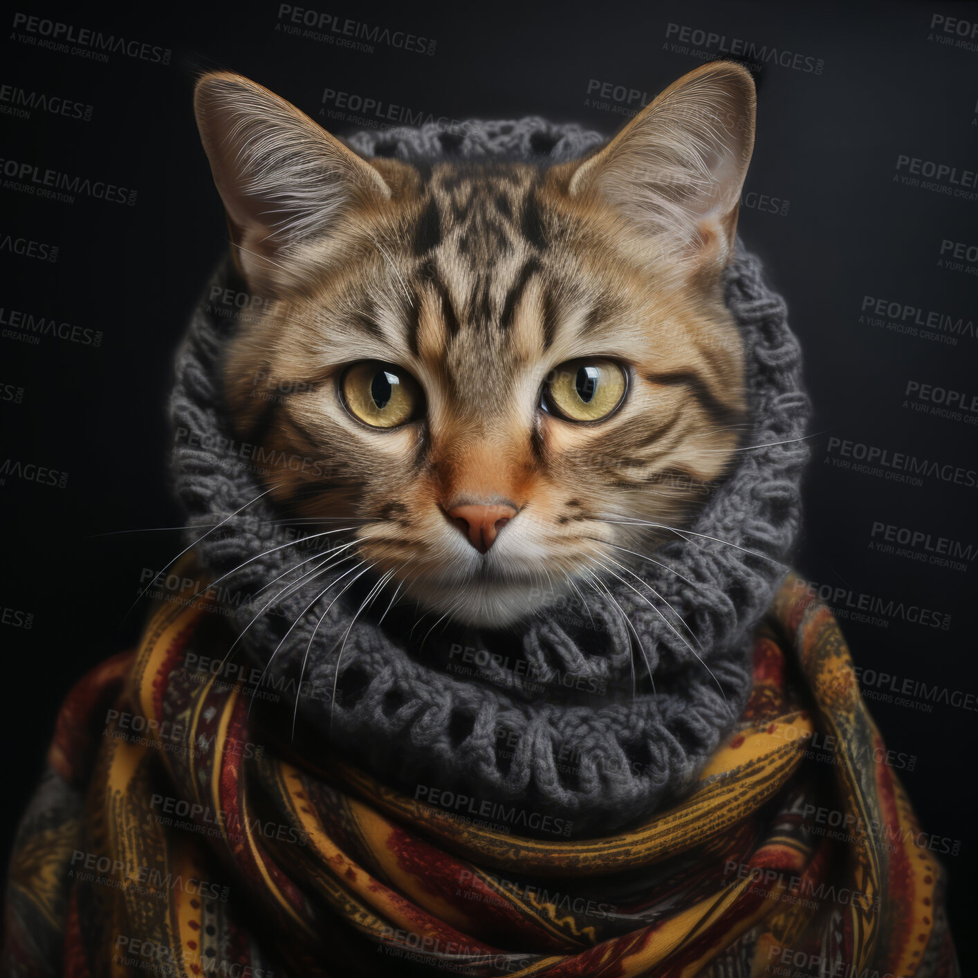 Buy stock photo Cat wearing scarf on dark background. Creative marketing campaign concept