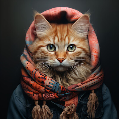 Cat wearing scarf on dark background. Creative marketing campaign concept