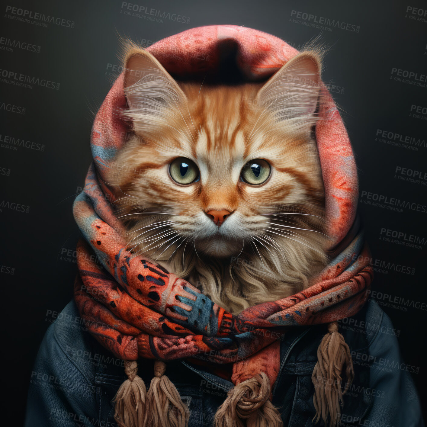 Buy stock photo Cat wearing scarf on dark background. Creative marketing campaign concept