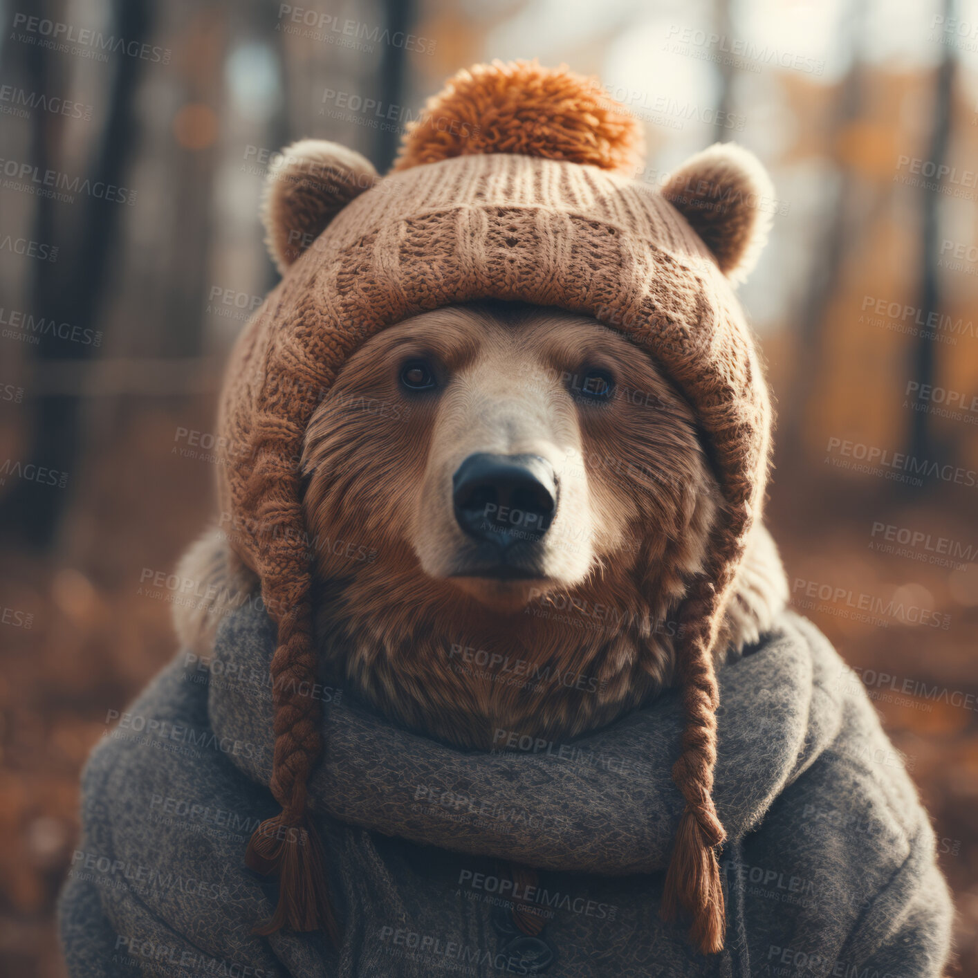 Buy stock photo Bear wearing beanie and hoodie. Creative marketing campaign concept