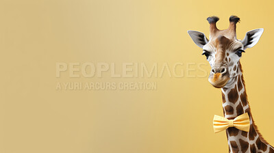 Giraffe wearing bow tie on yellow background. Creative marketing campaign concept
